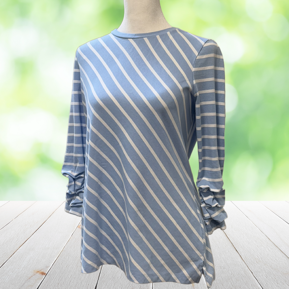 ELI Pima Cotton Tee Womens Small Blue White Stripe Ruched Sleeve Sporty Top EUC
